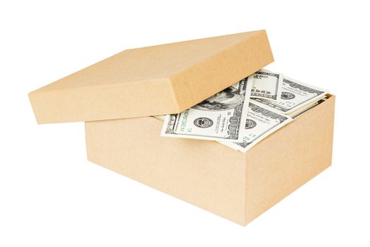 a small cardboard box full of dollar banknotes isolated on white background - with cover