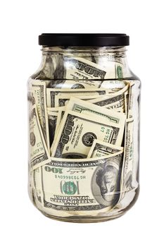 A hundred US dollars bank notes in a glass jar isolated on white background. Closed with black cap.