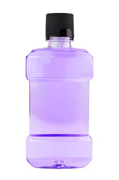 A plastic bottle of pink water mouthwash isolated on white background.