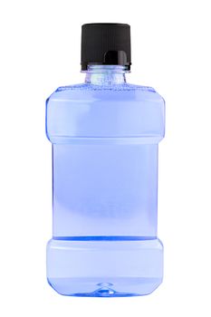 A plastic bottle of pink water mouthwash isolated on white background.