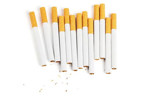 thirteen classic yellow filter cigarettes isolated on white background with shadows