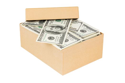 a small cardboard box with dollar banknotes isolated on white background - with cover