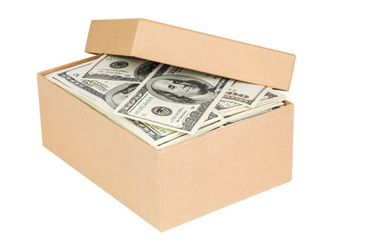 a small cardboard box with dollar banknotes isolated on white background - with cover
