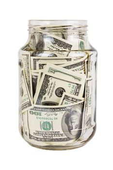 A hundred US dollars bank notes in a glass jar isolated on white background. Opened without cap.