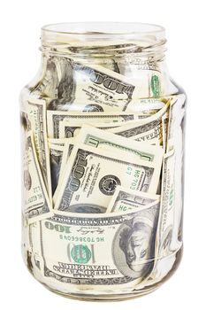 A hundred US dollars bank notes in a glass jar isolated on white background. Opened without cap.