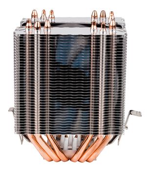 a front view of chinese noname tower-type cpu cooler with six copper heatpipes isolated on white background.