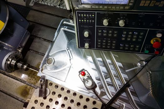 Measuring process with ruby touch probe on large CNC milling machine in jog mode.
