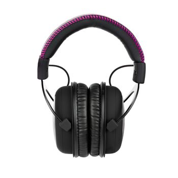 close view of wireless black gaming headphones isolated on white background.