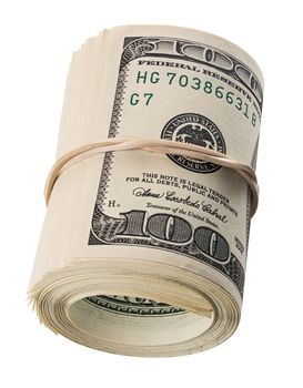 A roll of hundred us dollars laying on side isolated on white background. Total 5000 bucks.