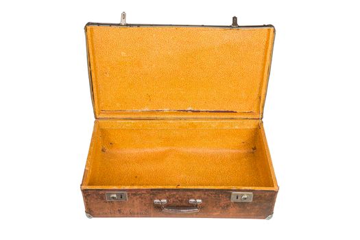 old opened brown soviet fiber suitcase isolated on white background.