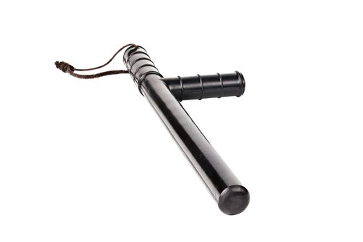 Black classic rubber police baton with lanyard isolated on white background. Isometric diagonal view. Shadowless.
