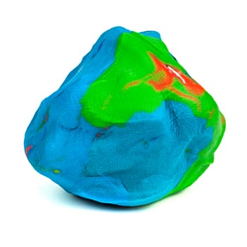 Mixed blue-green-red playdough ball with distinct finger prints isolated on the white background. Front to end sharp. Small dust particles on surface.