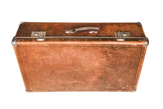 old closed brown soviet fiber suitcase isolated on white background.