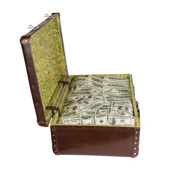 old opened brown suitcase full of hundred dollar banknotes isolated on white background - side view