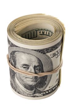A roll of old hundred us dollars standing up with rubber band isolated on white background. Total 5000 bucks.