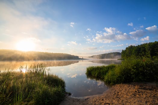 foggy lakeside at summer sunrise with tall grass and sand in foreground