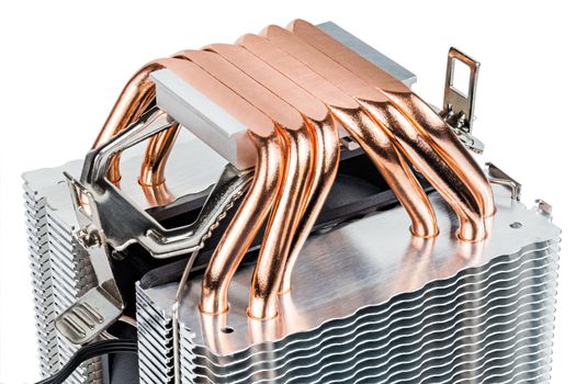 A bottom of modern tower-type heat radiator with six copper heatpipes isolated on white background. Contact surface made by mill.