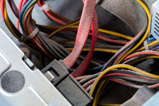 dusty pc electronic hardware closeup with selective focus.