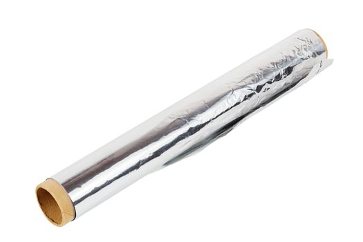 a roll of opened cooking foil isolated on white background.