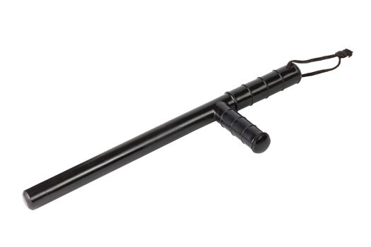 Black classic rubber police baton with lanyard isolated on white background. Isometric diagonal view. Shadowless.