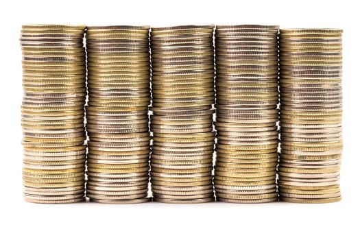Five equal stacks of identic coins merged in one wall isolated on white background. Symbol of annuity or flat level of something financial.