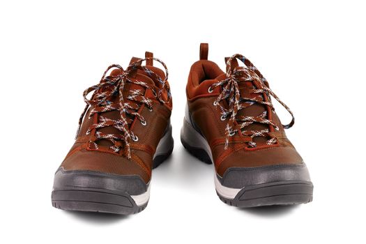 black and brown outdoor empty lightweight waterproof breathable fabric sneakers isolated on white background.