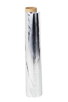 a roll of opened cooking foil isolated on white background.