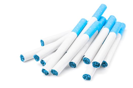 thirteen blue filter cigarettes isolated on white background with blue tobacco inside