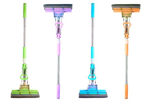Old used mechanical double-rolled pull-action PVA mops isolated on white background.
