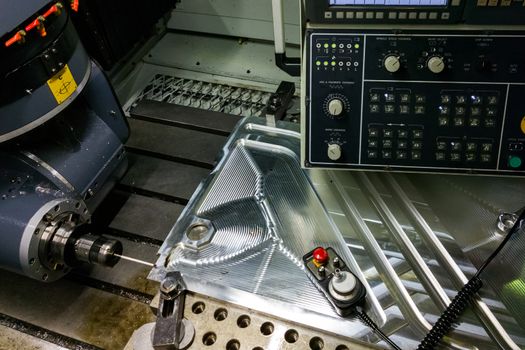 Measuring process with ruby touch probe on large CNC milling machine in jog mode.