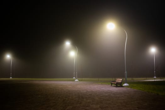 alone bench in dark night misty park with tall lights and selective focus