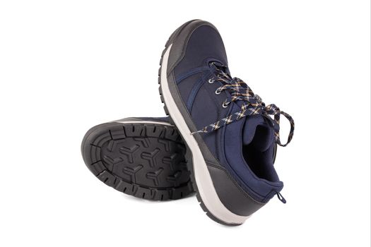 black and blue outdoor empty lightweight waterproof breathable fabric sneakers isolated on white background.