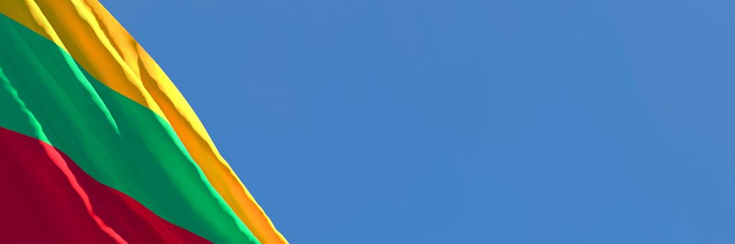 3D rendering of the Lithuania national flag against a blue sky.