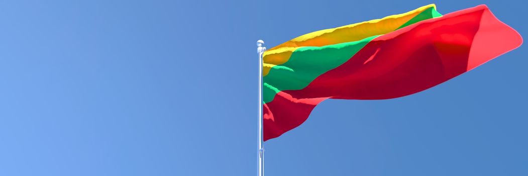 3D rendering of the Lithuania national flag against a blue sky.