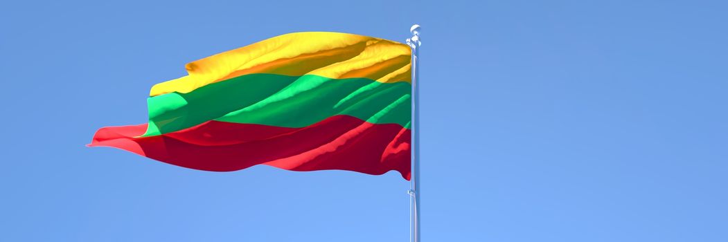 3D rendering of the Lithuania national flag against a blue sky.