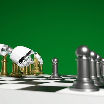 Hand of android pick golden pawn is deciding to play chess with green screen background and copy space 3d rendering.
