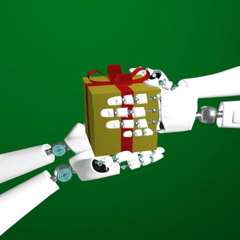 Hands of android give golden gift box and red ribbon with green screen background and copy space 3d rendering. Christmas and happy new year concepts photography.