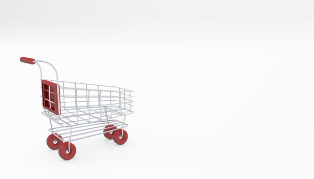 Shopping concept red wheeled cart or troley isolated on white 3d rendering