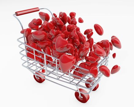 Shopping cart full of valentine hearts 3d rendering isolated on white