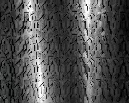 Light glow on grill pattern. Dark grainy industrial abstract background.