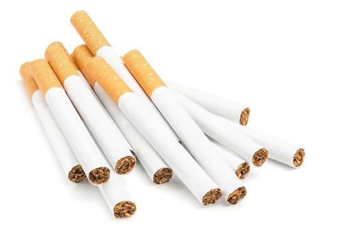 thirteen classic yellow filter cigarettes isolated on white background with shadows