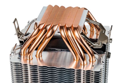 Modern tower heat radiator with six copper heatpipes close macro background. Contact surface made by mill.