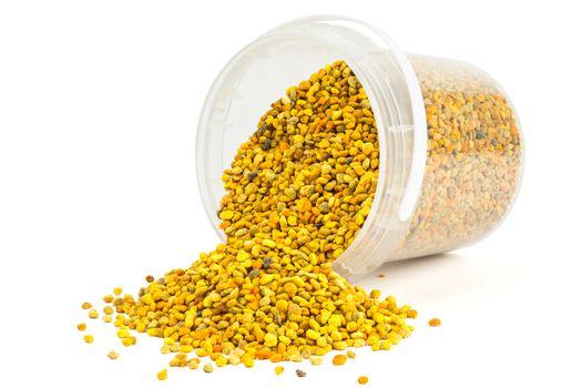bee pollen granules in small opened plastic container isolated on white background