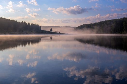 foggy lakeside at summer sunrise