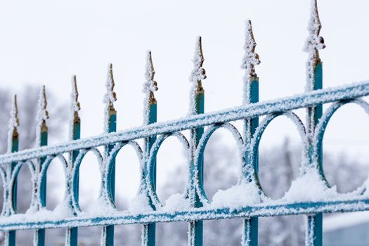 frosty iron fence with selective focus at daylight.