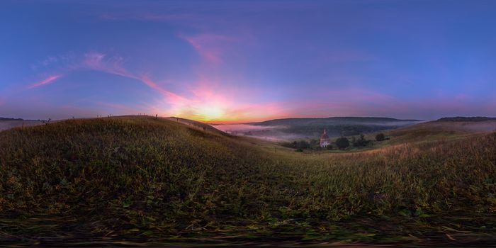 Spherical 360 degrees seamless panorama in equirectangular projection, panorama of natural landscape on river sunrise. VR content from ground level.