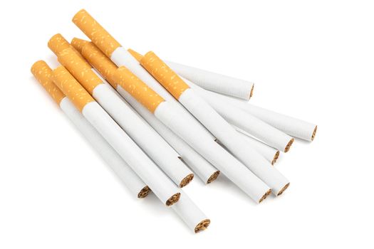 thirteen classic yellow filter cigarettes isolated on white background with shadows