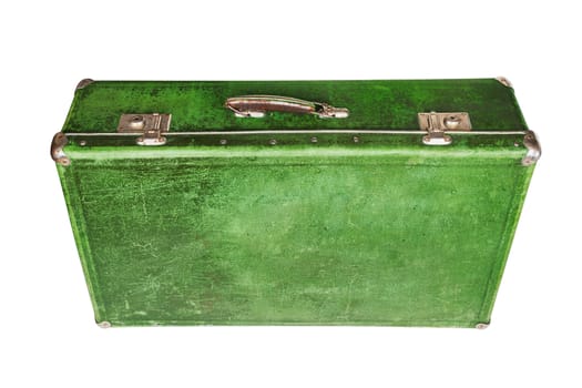 old closed bgreen retro fiber suitcase isolated on white background.