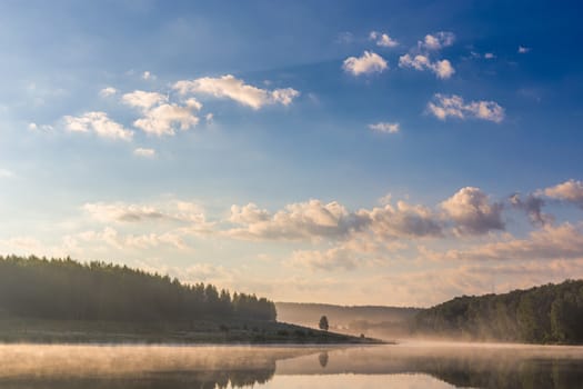 foggy lakeside at summer sunrise big amount of sky on picture