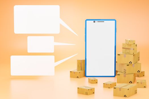 The brown cardboard box and white blank text box around the blue smartphone in a bright orange background. Concept of using online shopping applications in smartphones to Order the product. 3D render.